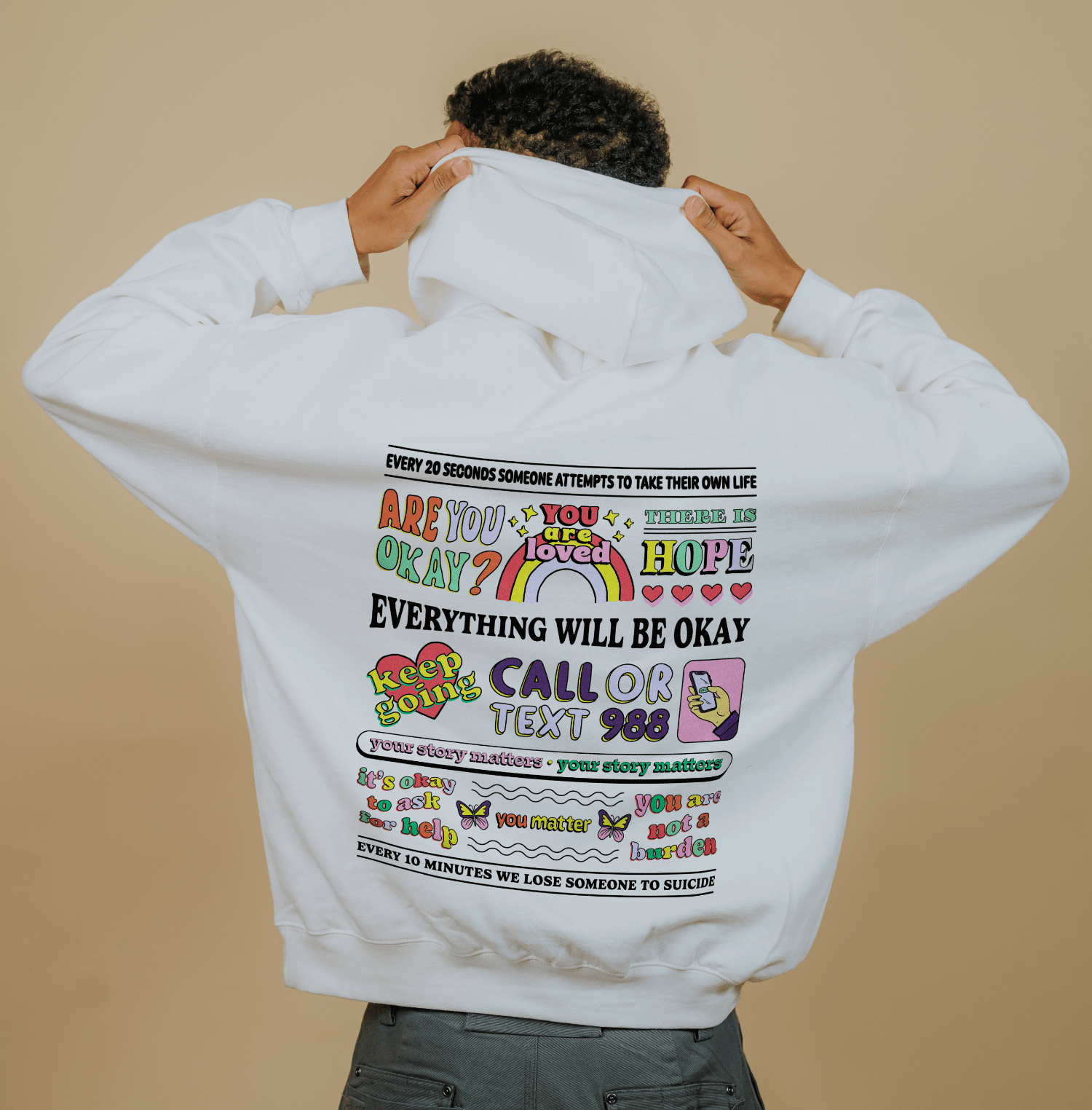 Don't Give Up; Call or Text 988 (includes back & sleeve prints!) - Hoodie